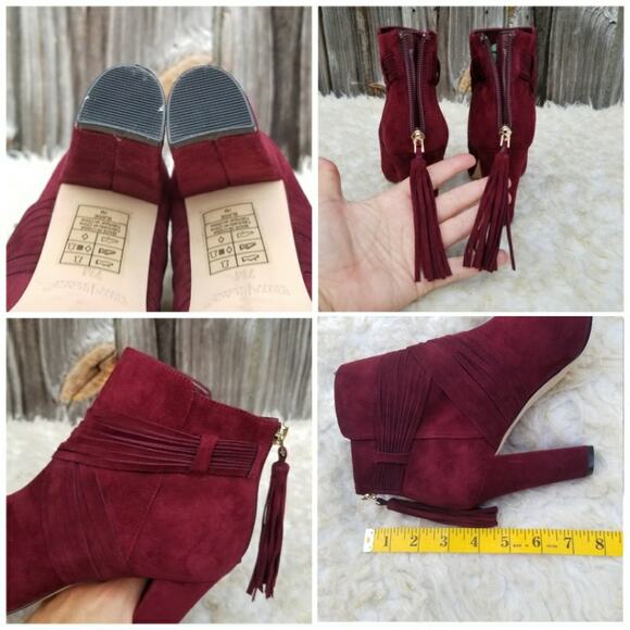 Red Boots WHBM Blayde Size 7 Strappy Ankle Bootie Heel Tassel Zip Suede Leather - Picture 10 of 13